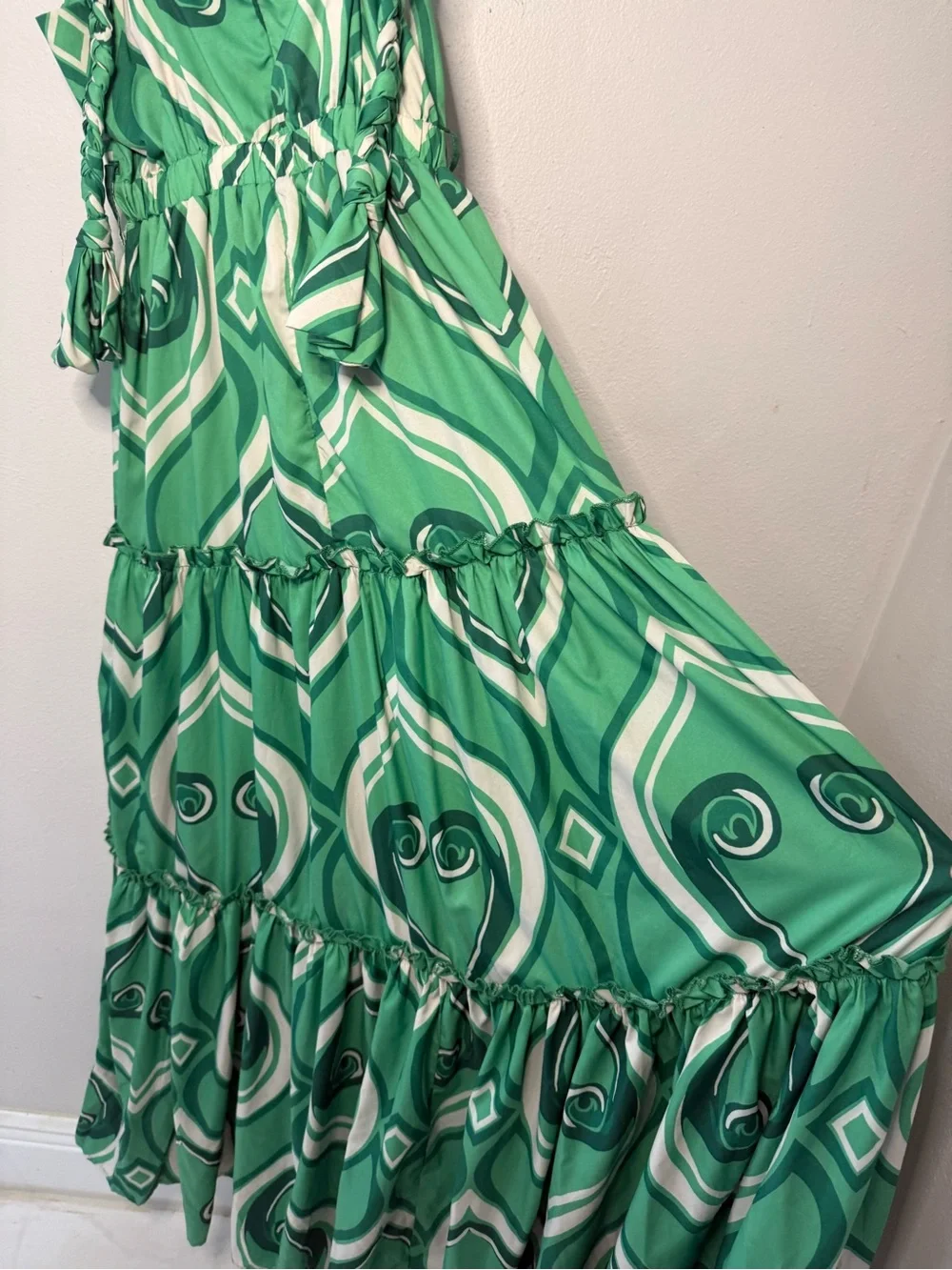 Green Abstract-Print Tiered Maxi Dress with V-Neck